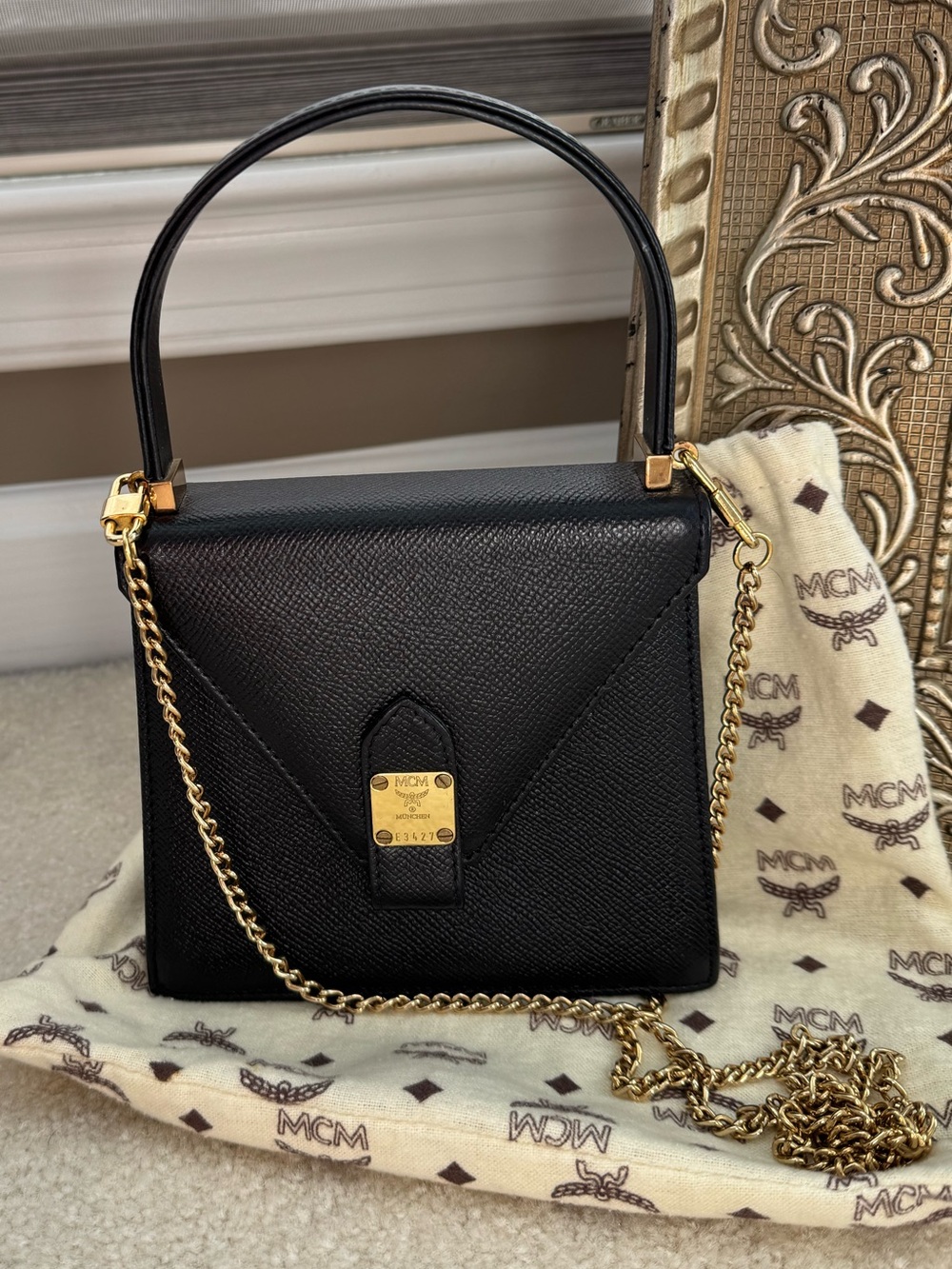 MCM Vintage Muchen Mini Black Leather Top-Handle Crossbody with Gold Chain